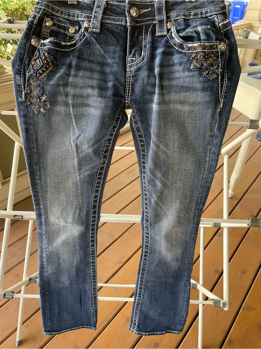 Miss Me Dark Blue Embellished Boot Cut Jeans With Ornate Metallic Wing & Crown